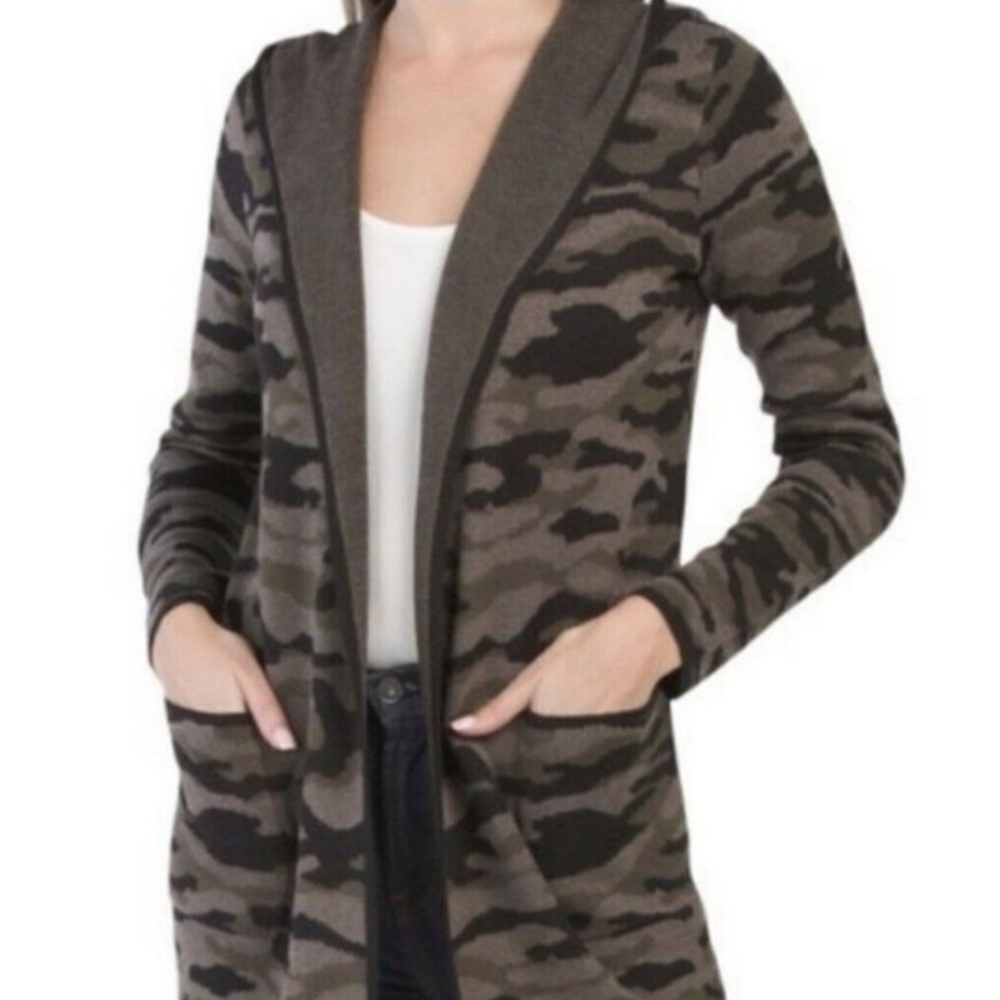 Rachel Zoe camo knit duster length fireside hoodie open pockets size M